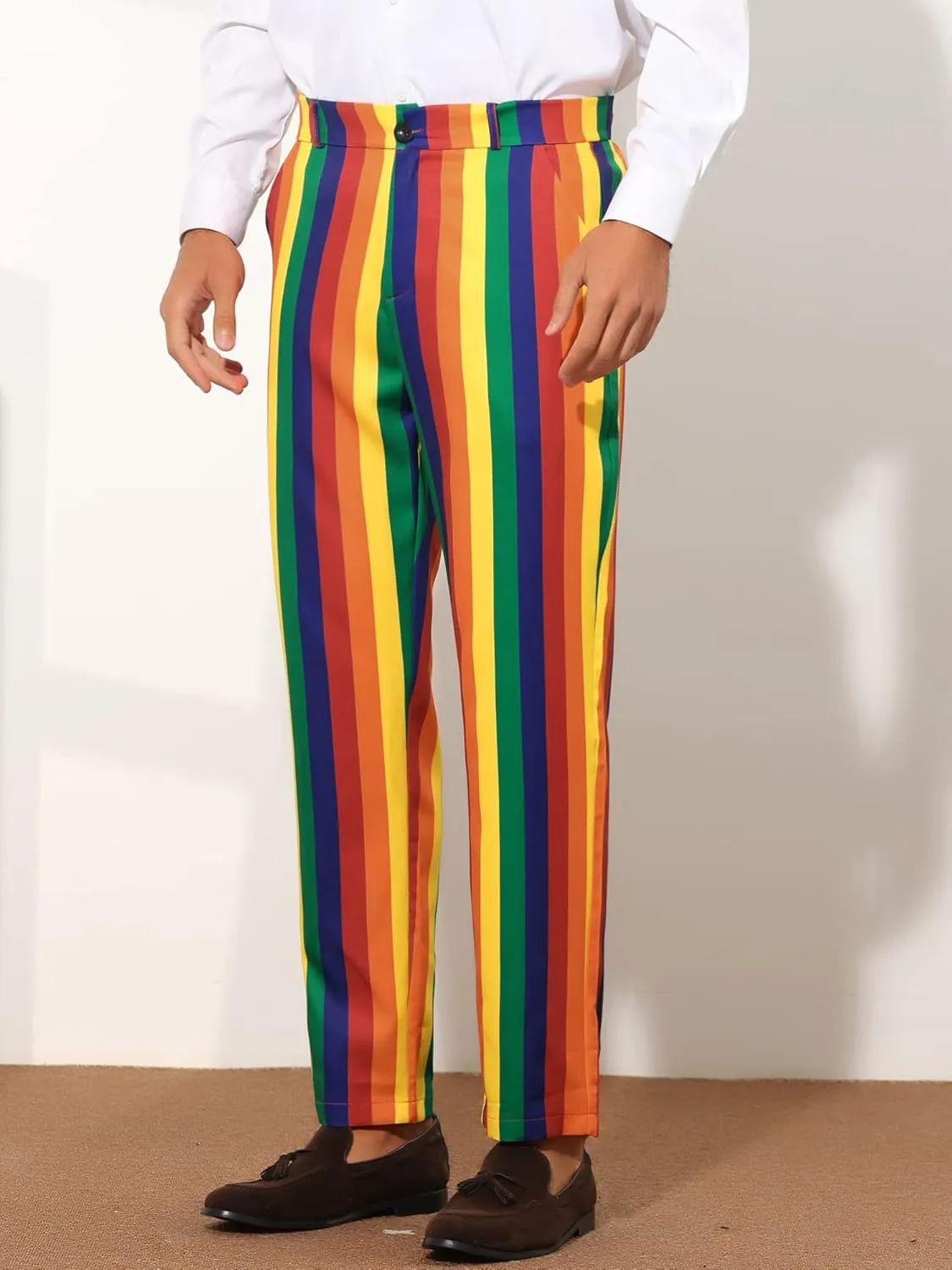 Lars Amadeus Rainbow Pants for Men's Regular Fit Flat Front Color Block Stripe Dress Trousers