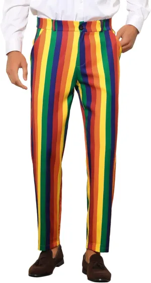 Lars Amadeus Rainbow Pants for Men's Regular Fit Flat Front Color Block Stripe Dress Trousers
