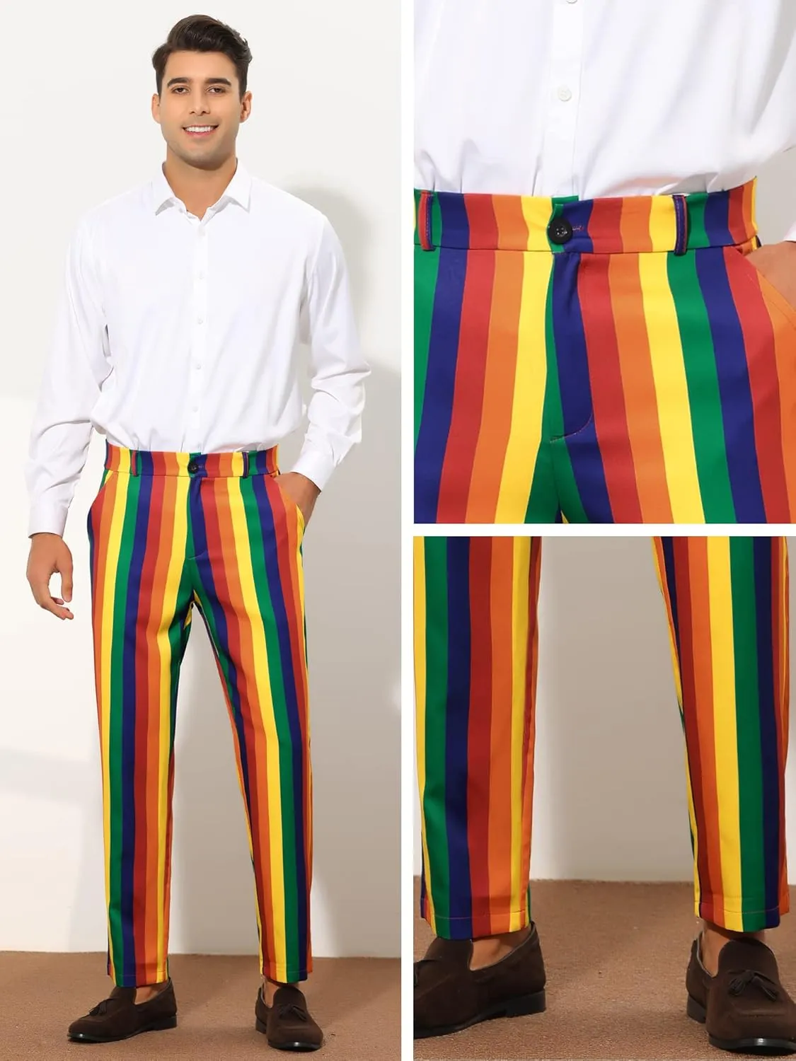 Lars Amadeus Rainbow Pants for Men's Regular Fit Flat Front Color Block Stripe Dress Trousers