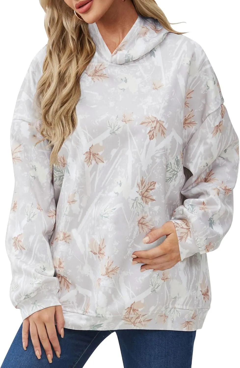 Lauweion Womens Oversized Camo Hoodie Maple Leaf Graphic Hooded Sweatshirt Trendy Long Sleeve Fleece Camouflage Hoodie