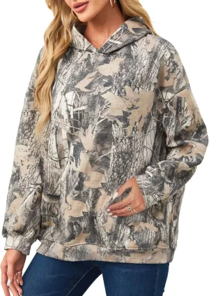 Lauweion Womens Oversized Camo Hoodie Maple Leaf Graphic Hooded Sweatshirt Trendy Long Sleeve Fleece Camouflage Hoodie