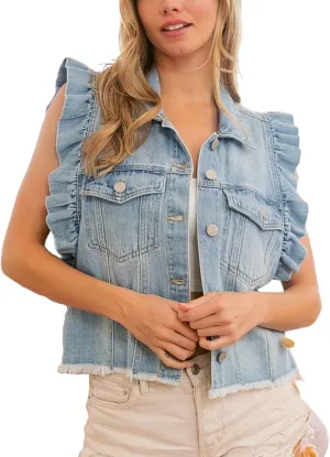 LAVASEON Women's Button Down Denim Vest Ruffled Sleeveless Oversized Jean Vest Top Turn Down Collar Jacket