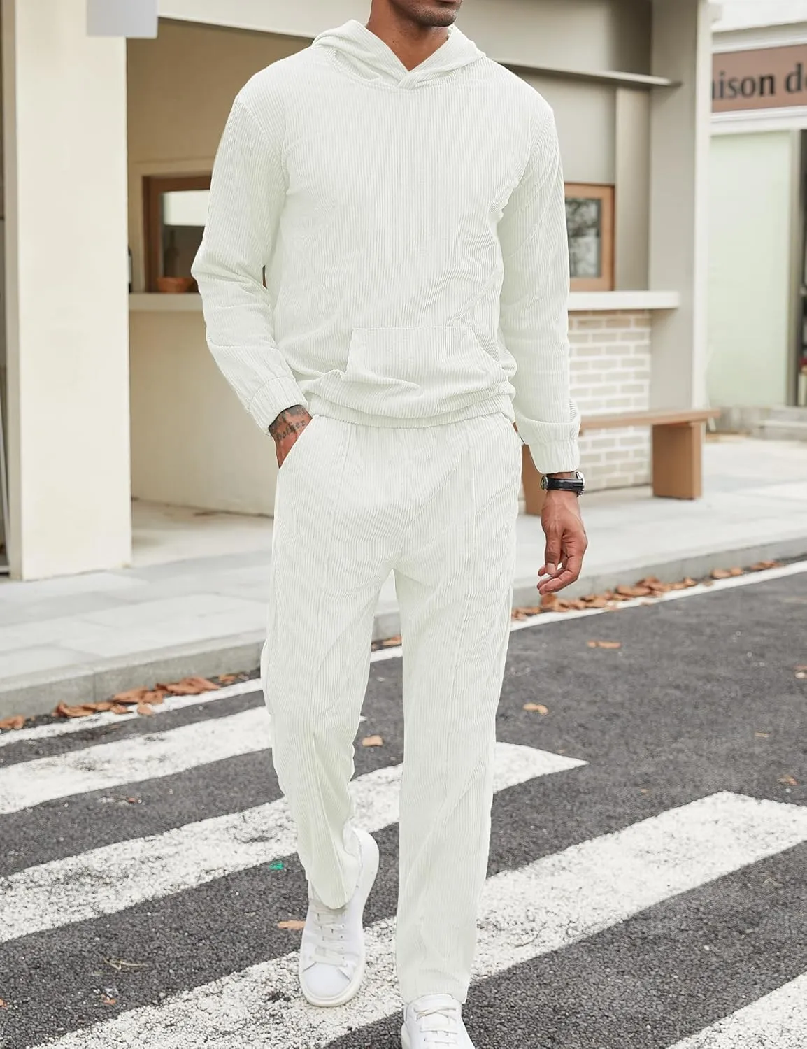 LecGee Men's 2 Piece Corduroy Hoodie and Pants Outfits Long Sleeve Causal Autumn Winter Hoodie Tracksuit Sweatsuit Set