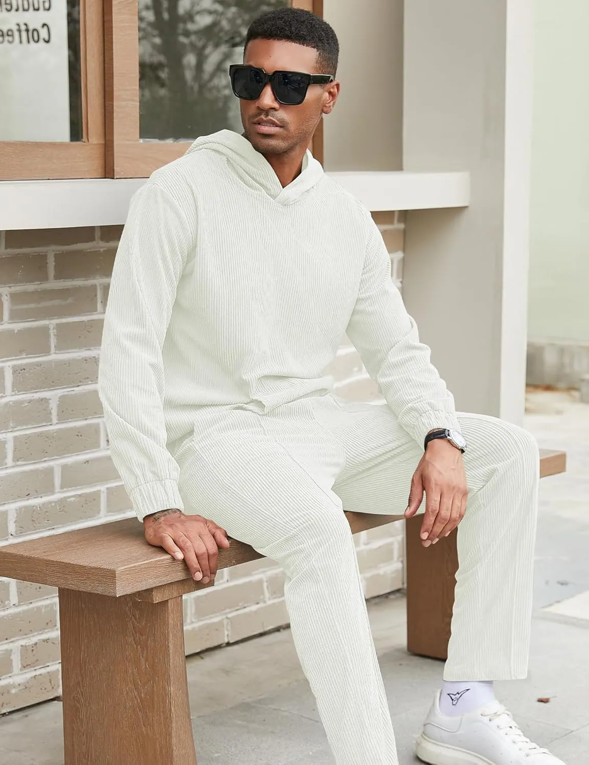 LecGee Men's 2 Piece Corduroy Hoodie and Pants Outfits Long Sleeve Causal Autumn Winter Hoodie Tracksuit Sweatsuit Set