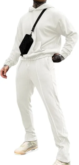 LecGee Men's 2 Piece Corduroy Hoodie and Pants Outfits Long Sleeve Causal Autumn Winter Hoodie Tracksuit Sweatsuit Set