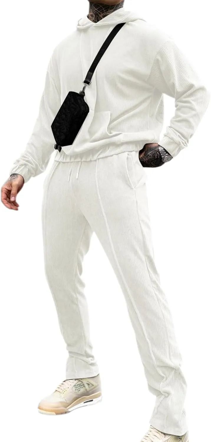 LecGee Men's 2 Piece Corduroy Hoodie and Pants Outfits Long Sleeve Causal Autumn Winter Hoodie Tracksuit Sweatsuit Set