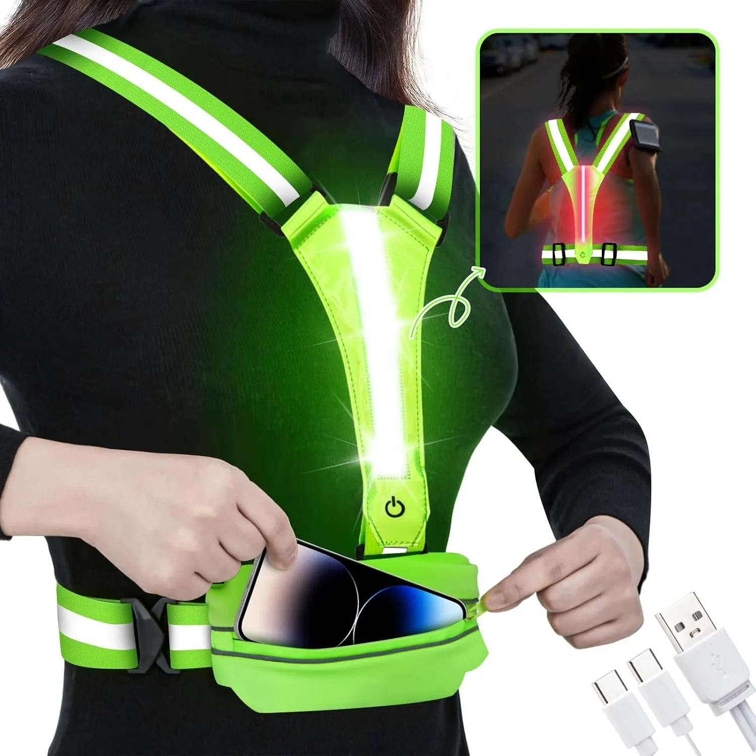 LED Reflective Light Up Safety Running Vest for Biking Walking at Night, LOYAL SEA High Visible Adjustable Running Light for Runners Rechargeable with Pouch, Reflective Running Belt Gear for Men Women