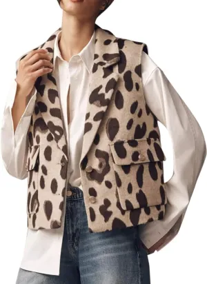 LifeShe Leopard Flannel Vest Women Casual Cheetah Sleeveless Blazer Winter Button Down Jacket with Pockets
