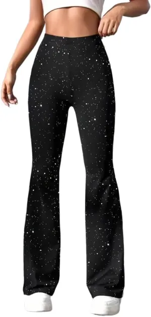 LifeShe Women Sparkly Flared Leg Pants Y2K Sequin Bell Bottom Legging Pants