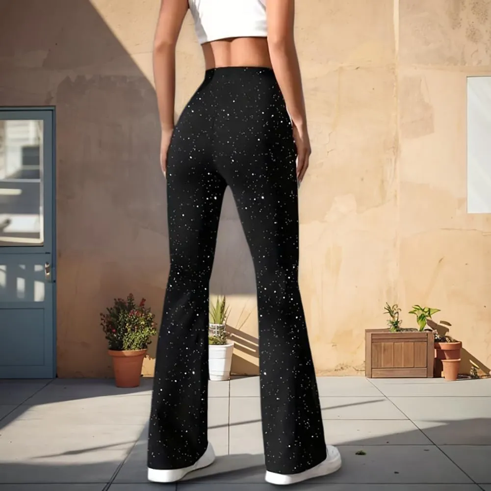 LifeShe Women Sparkly Flared Leg Pants Y2K Sequin Bell Bottom Legging Pants