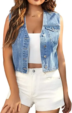 LifeShe Women's Cropped Denim Vest Top Casual V Neck Button Down Sleeveless Jean Jacket Waistcoat