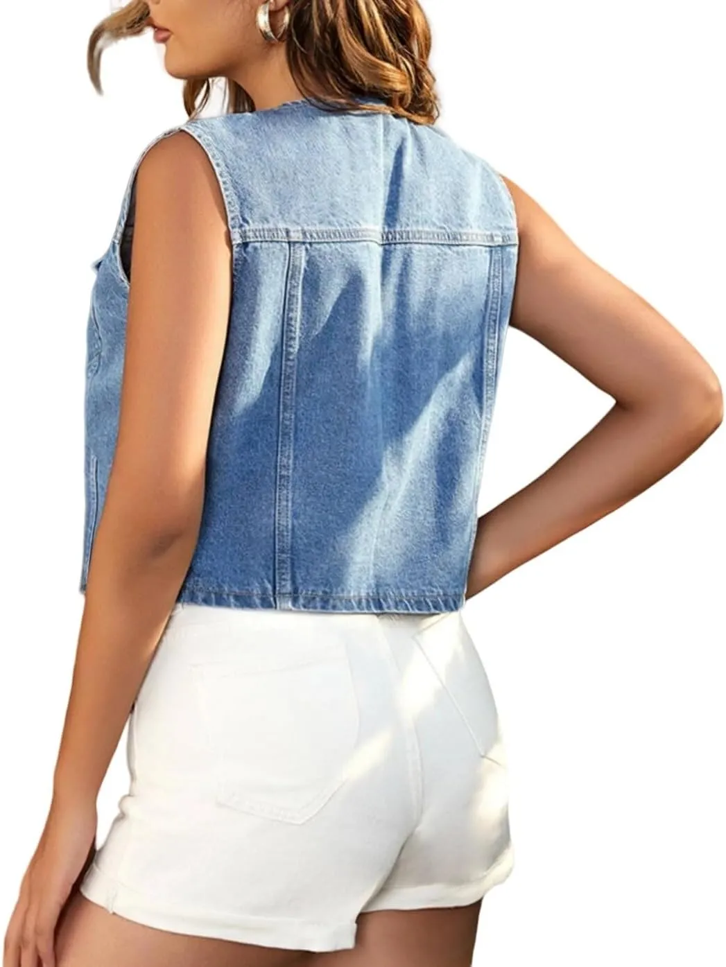 LifeShe Women's Cropped Denim Vest Top Casual V Neck Button Down Sleeveless Jean Jacket Waistcoat