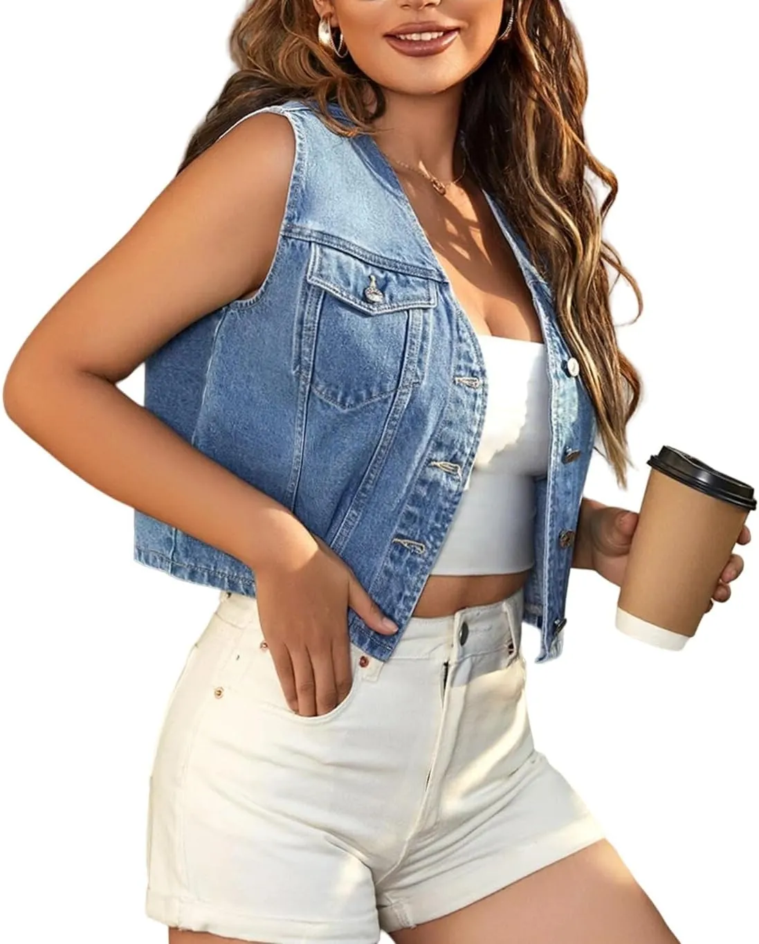 LifeShe Women's Cropped Denim Vest Top Casual V Neck Button Down Sleeveless Jean Jacket Waistcoat