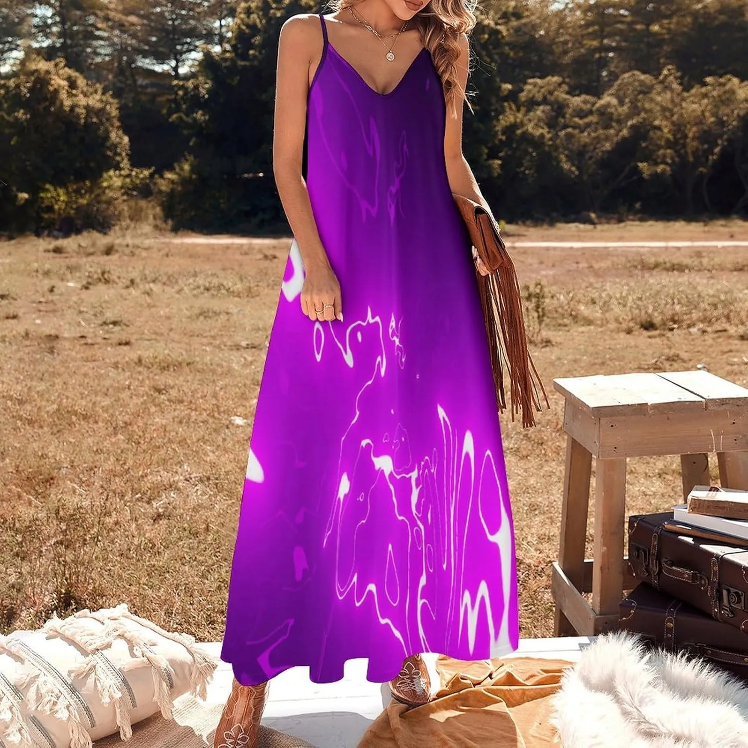 Lightning Star Cute Women's Casual Maxi Dresses Summer Spaghetti Straps Long Sleeveless Dress Sundress