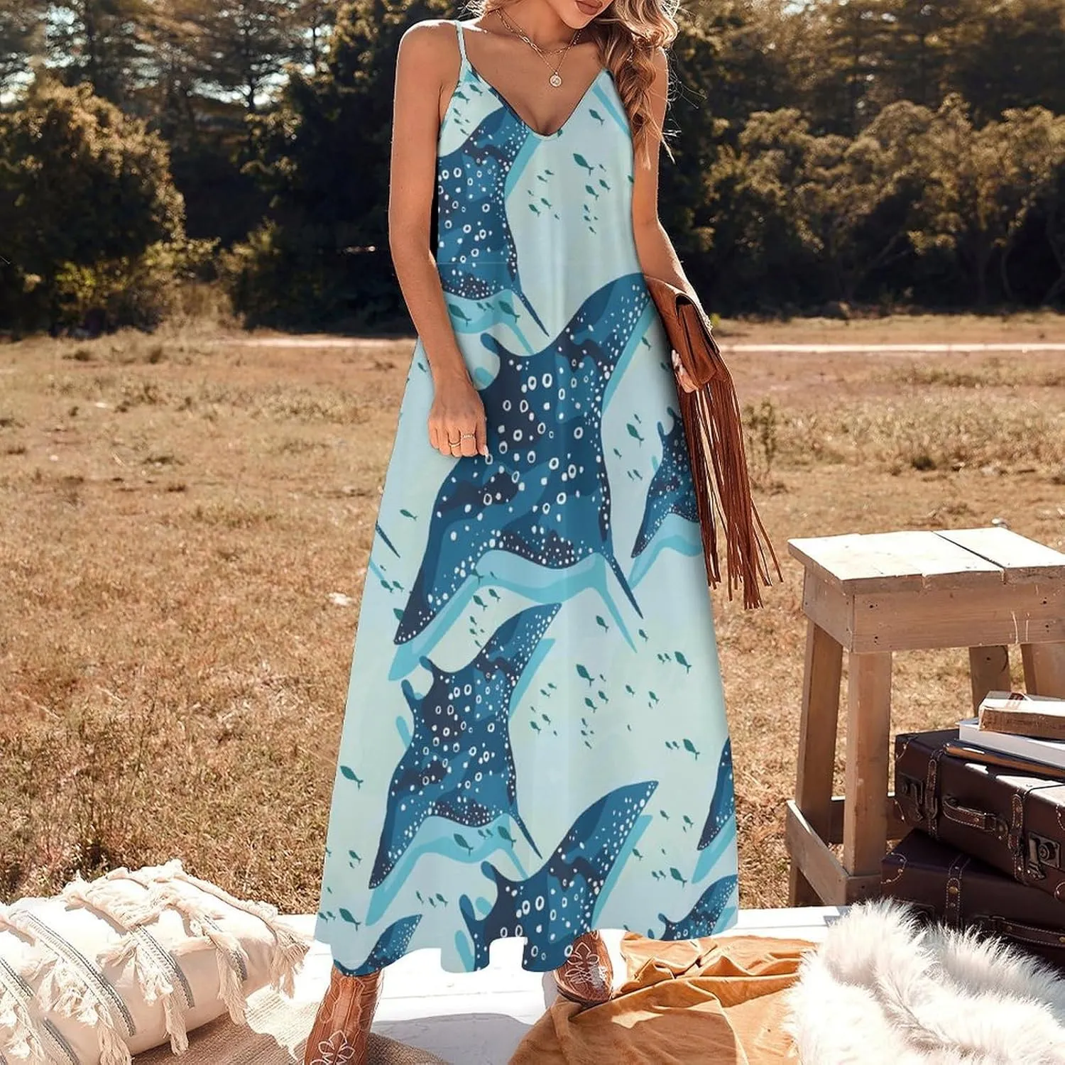 Lightning Star Cute Women's Casual Maxi Dresses Summer Spaghetti Straps Long Sleeveless Dress Sundress