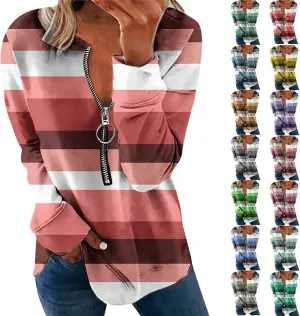 Lightweight Zip Up Hoodie For Women Trendy 2023 Fall Striped Print Tunic Tops Quarter Zip Casual Pullover Sweatshirt