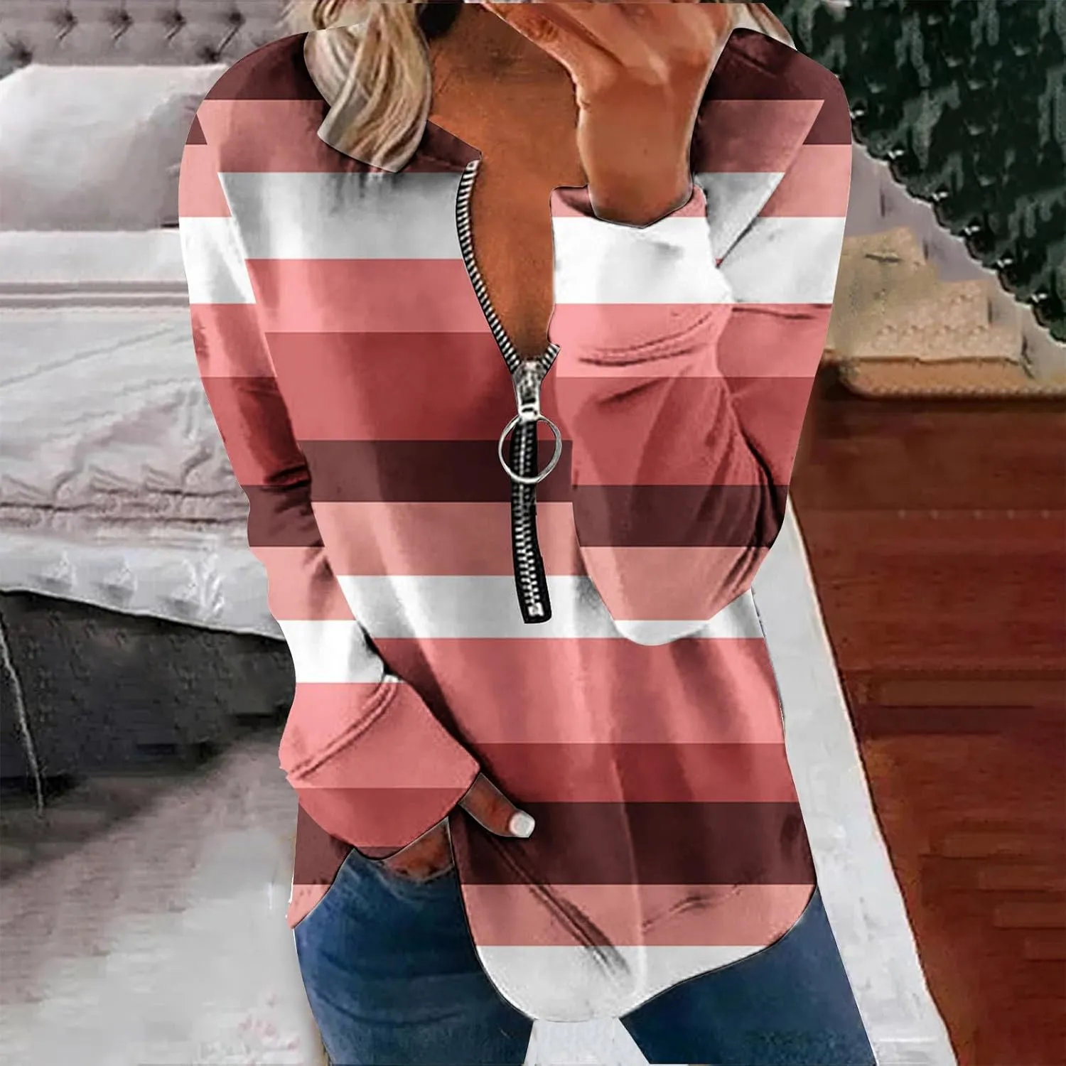 Lightweight Zip Up Hoodie For Women Trendy 2023 Fall Striped Print Tunic Tops Quarter Zip Casual Pullover Sweatshirt