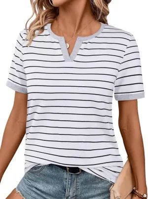 LilyCoco Women's Striped Shirt Short Sleeve Color Block Tops Notched Neck Summer Tee
