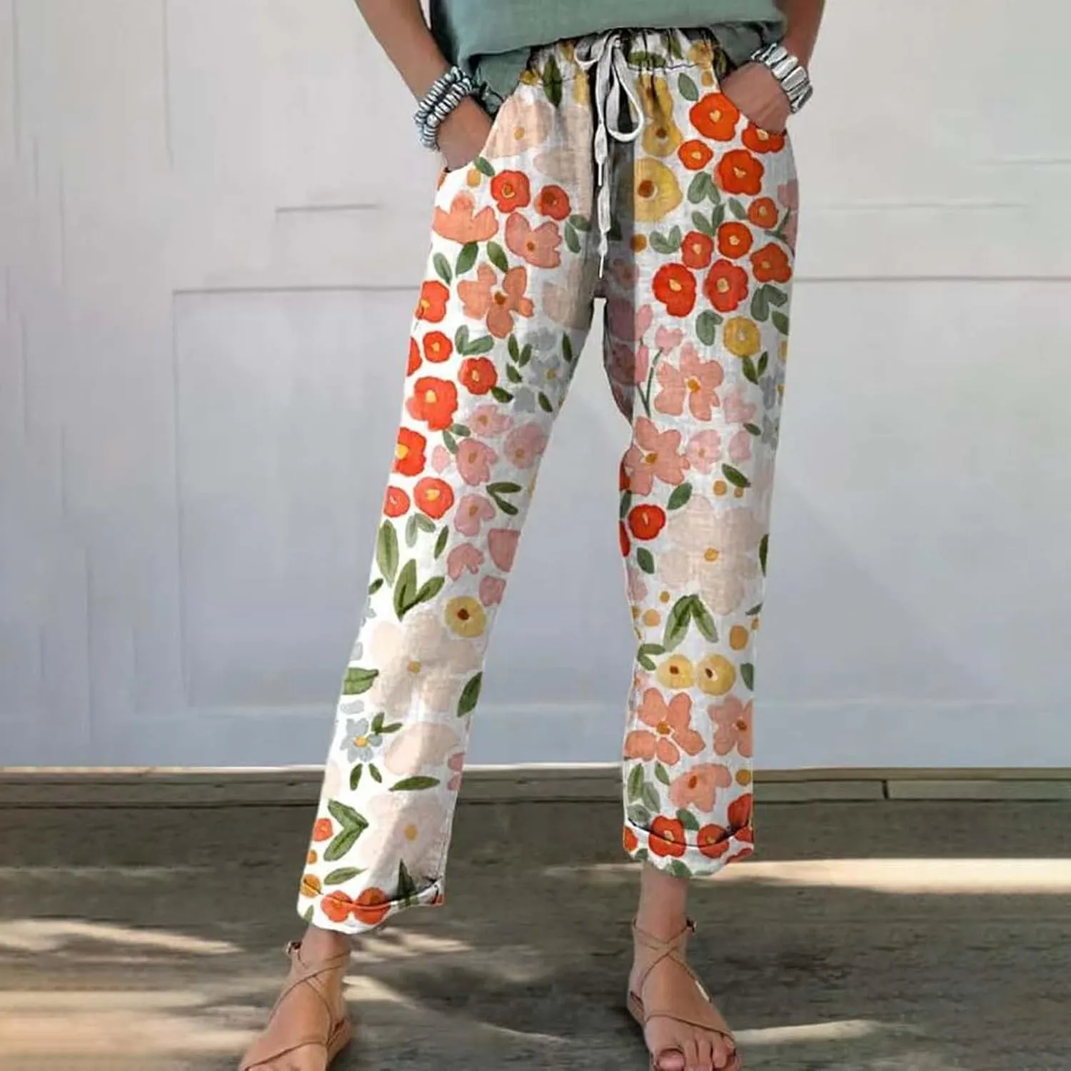 Linen Pants for Women Casual Vintage Tropical Floral Print Elastic High Waist Drawstring Pant Summer Beach Trouser