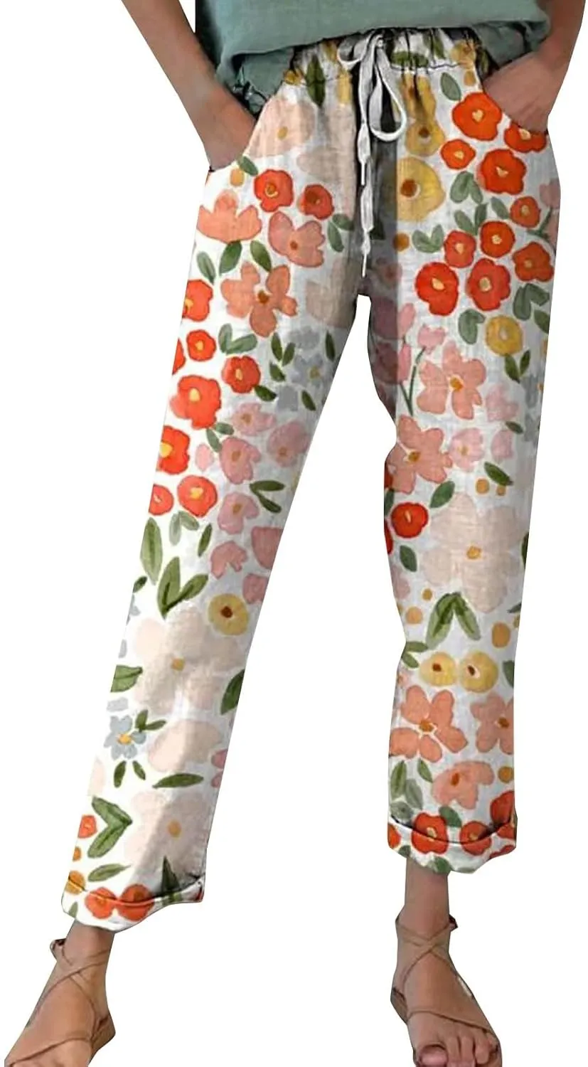 Linen Pants for Women Casual Vintage Tropical Floral Print Elastic High Waist Drawstring Pant Summer Beach Trouser