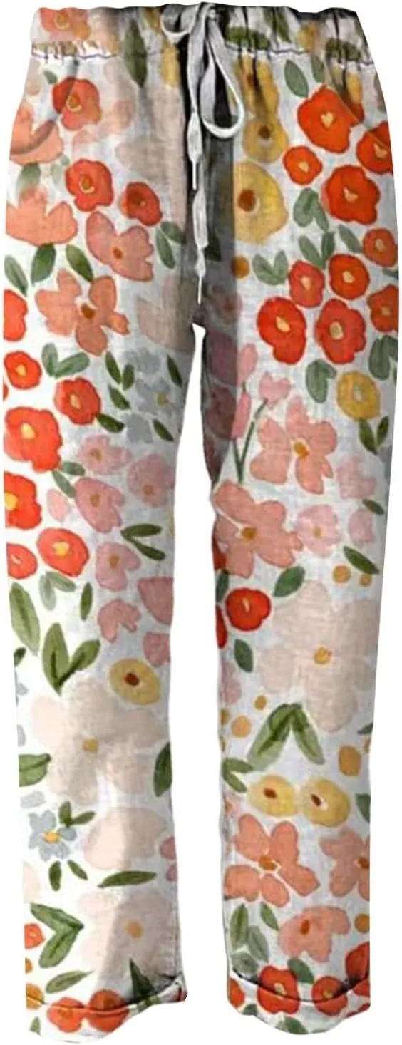Linen Pants for Women Casual Vintage Tropical Floral Print Elastic High Waist Drawstring Pant Summer Beach Trouser