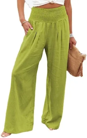 Linen Pants for Women Wide Leg Elastic High Waisted Palazzo Pants Lounge Yoga Trousers Beach Pants with Pockets