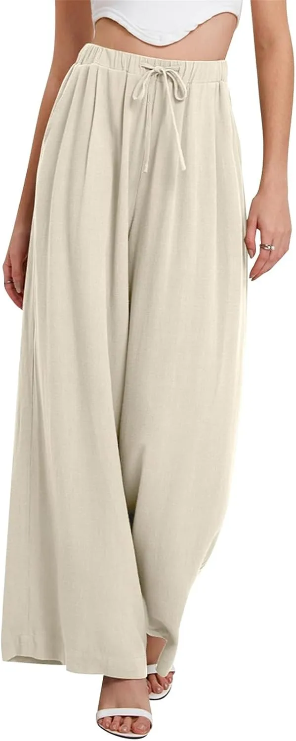 Linen Pants Women Beach Wide Leg Pants Casual Boho Summer Palazzo Pants High Waist Flowy Lounge Trousers with Pocket