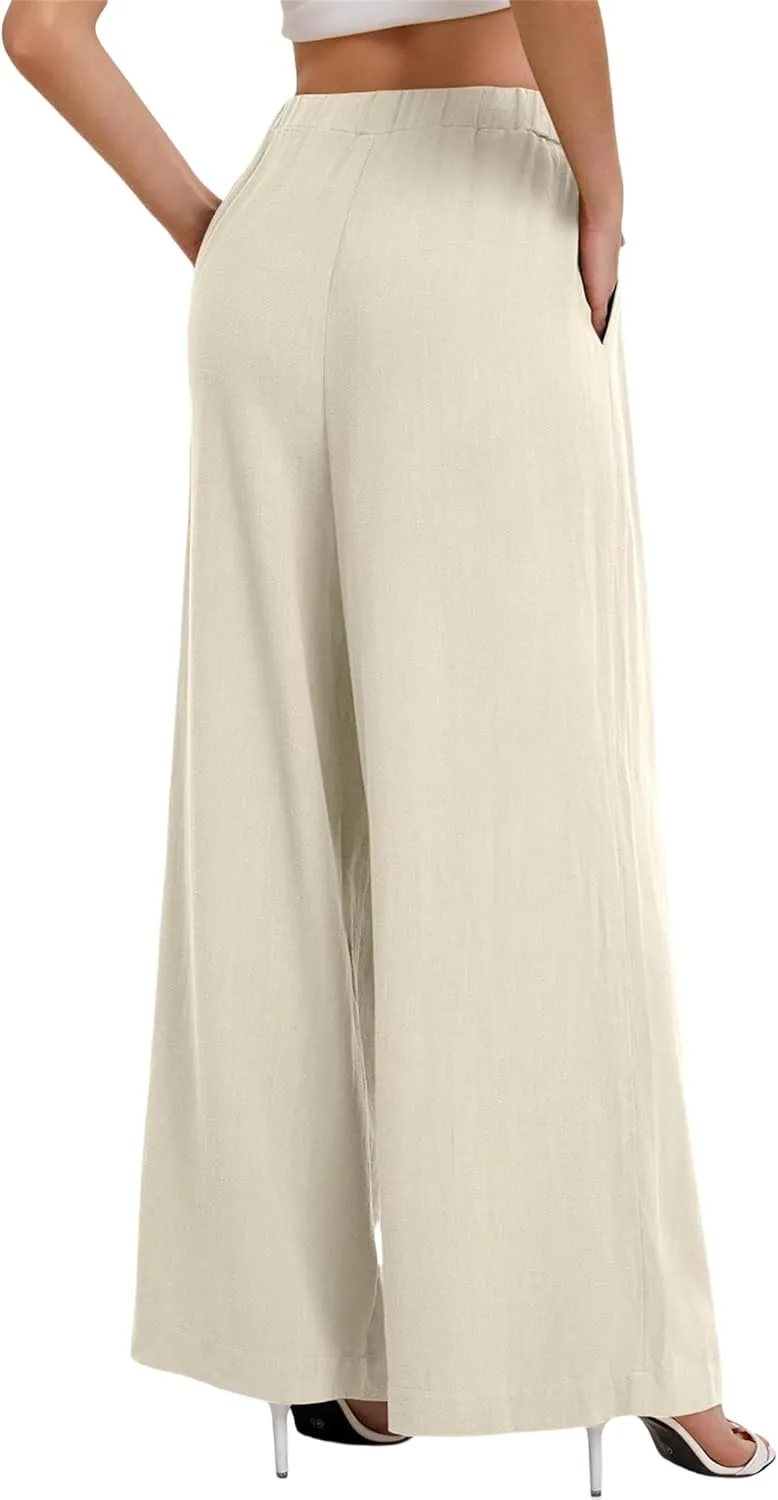 Linen Pants Women Beach Wide Leg Pants Casual Boho Summer Palazzo Pants High Waist Flowy Lounge Trousers with Pocket