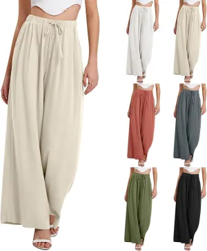 Linen Pants Women Beach Wide Leg Pants Casual Boho Summer Palazzo Pants High Waist Flowy Lounge Trousers with Pocket