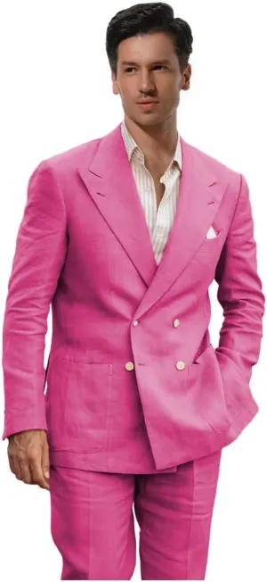 Linen Suits for Men Wedding Double Breasted Suit Men Regular Fit Tuxedos 2 Piece Light Weight Blazer Pants for Beach