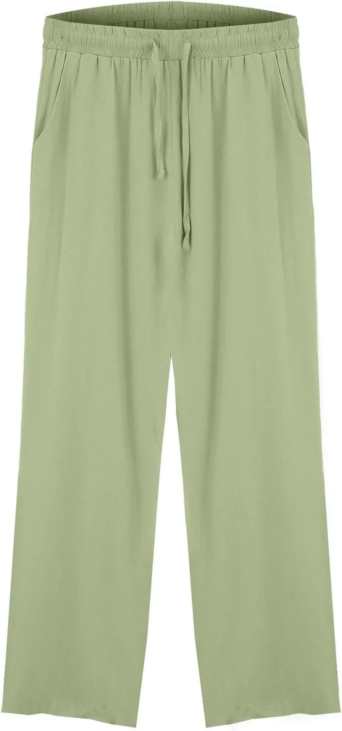 Linen Wide Leg Checkered Trousers Leg Pants Casual Baggy Elastic Waistband with Pockets Fashionable Pants Casua