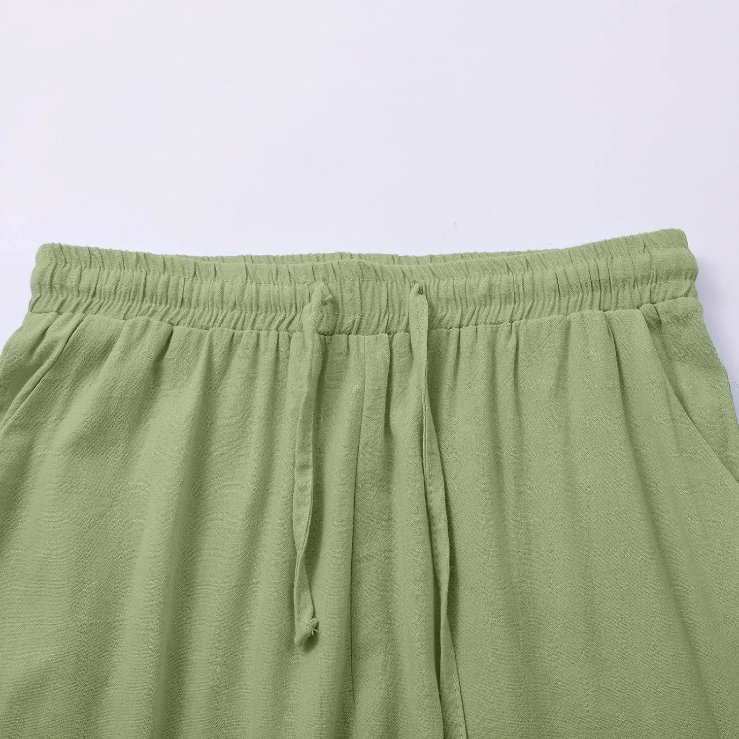 Linen Wide Leg Checkered Trousers Leg Pants Casual Baggy Elastic Waistband with Pockets Fashionable Pants Casua