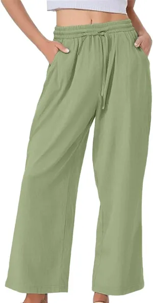 Linen Wide Leg Checkered Trousers Leg Pants Casual Baggy Elastic Waistband with Pockets Fashionable Pants Casua