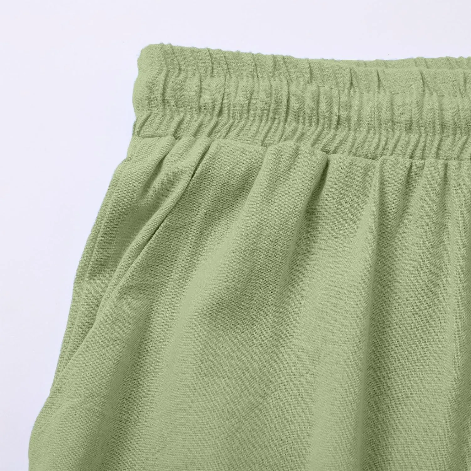Linen Wide Leg Checkered Trousers Leg Pants Casual Baggy Elastic Waistband with Pockets Fashionable Pants Casua