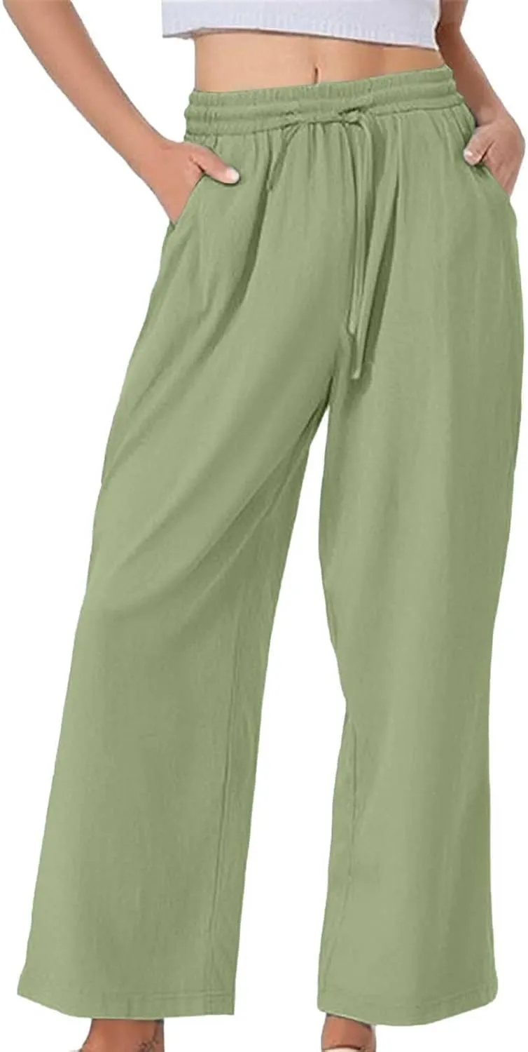 Linen Wide Leg Checkered Trousers Leg Pants Casual Baggy Elastic Waistband with Pockets Fashionable Pants Casua