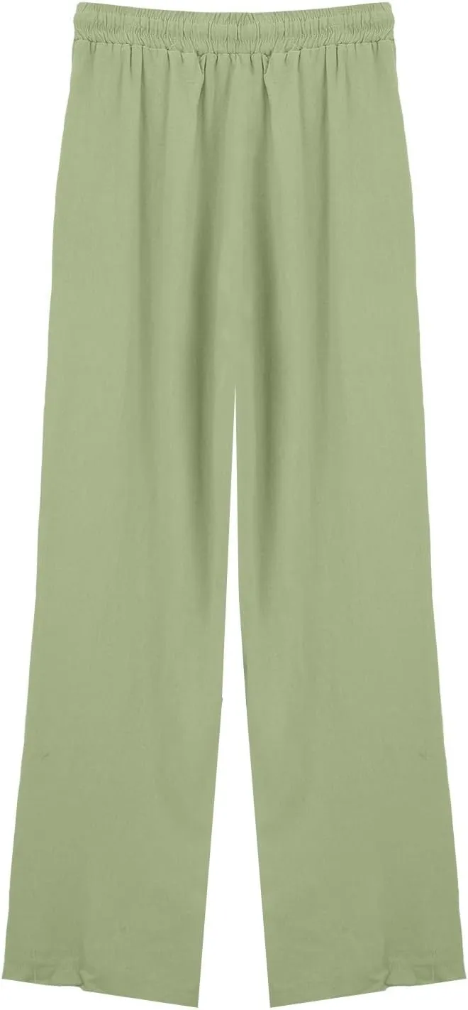 Linen Wide Leg Checkered Trousers Leg Pants Casual Baggy Elastic Waistband with Pockets Fashionable Pants Casua
