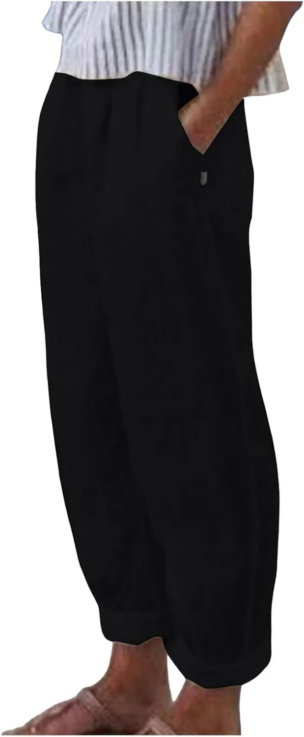 Linen Wide Leg Pants for Woman High Waisted Pull On Button Drawstring Baggy Casual Summer Palazzo Pants with Pockets
