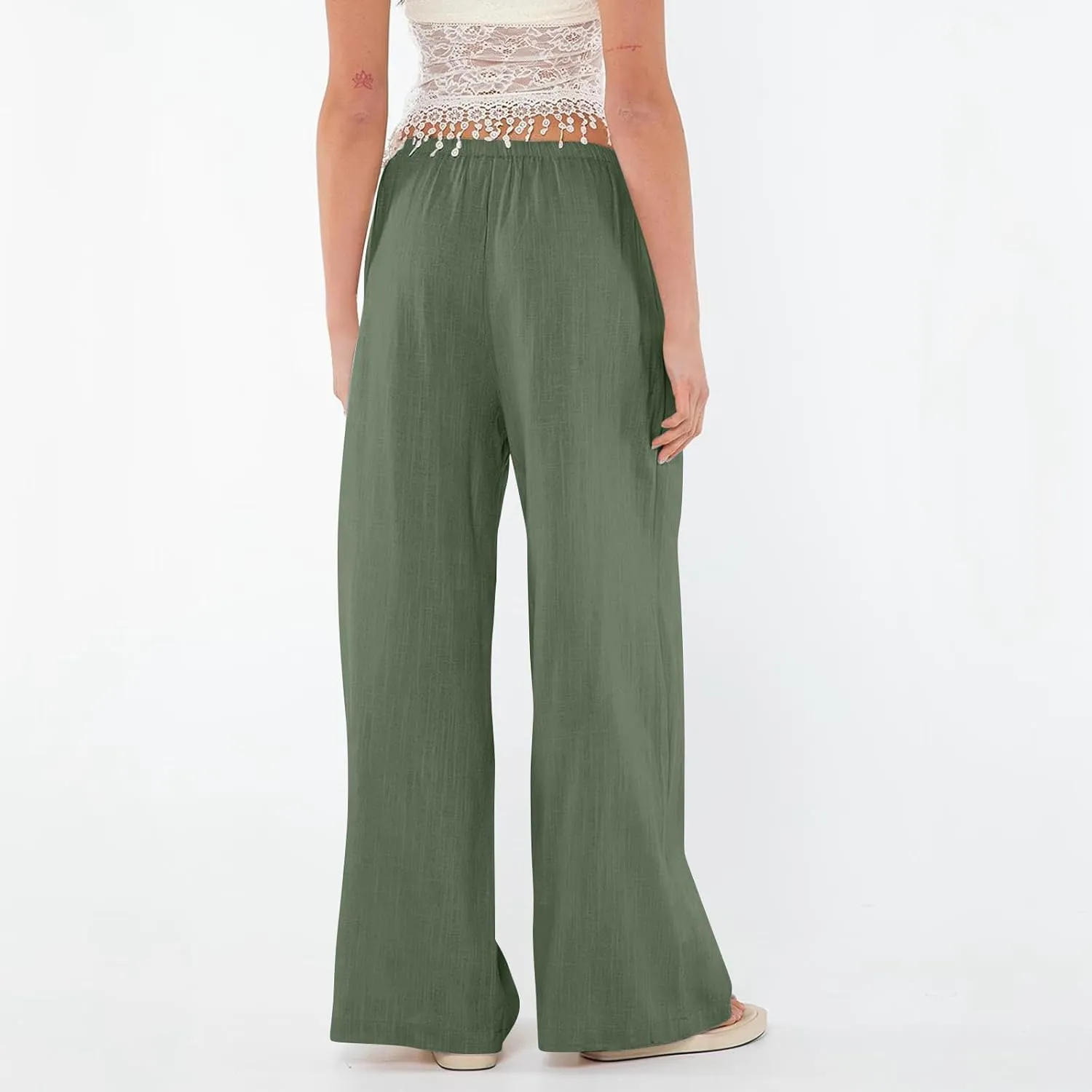 Linen Wide Leg Pants for Women Summer High Waisted Drawstring Palazzo Pants Casual Beach Pants Baggy Lounge Trousers