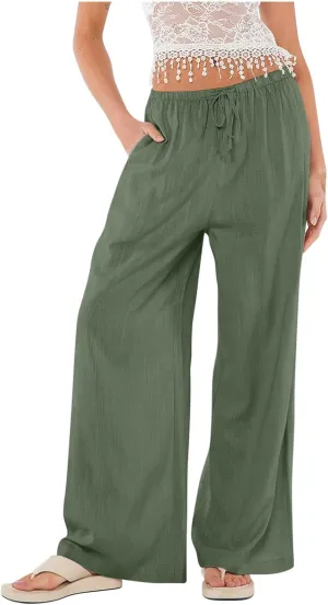 Linen Wide Leg Pants for Women Summer High Waisted Drawstring Palazzo Pants Casual Beach Pants Baggy Lounge Trousers