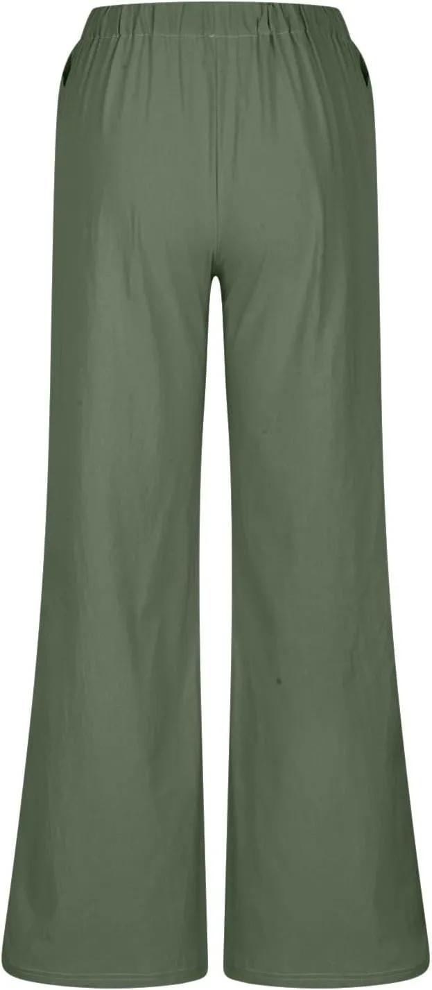 Linen Wide Leg Pants for Women Summer High Waisted Drawstring Palazzo Pants Casual Beach Pants Baggy Lounge Trousers