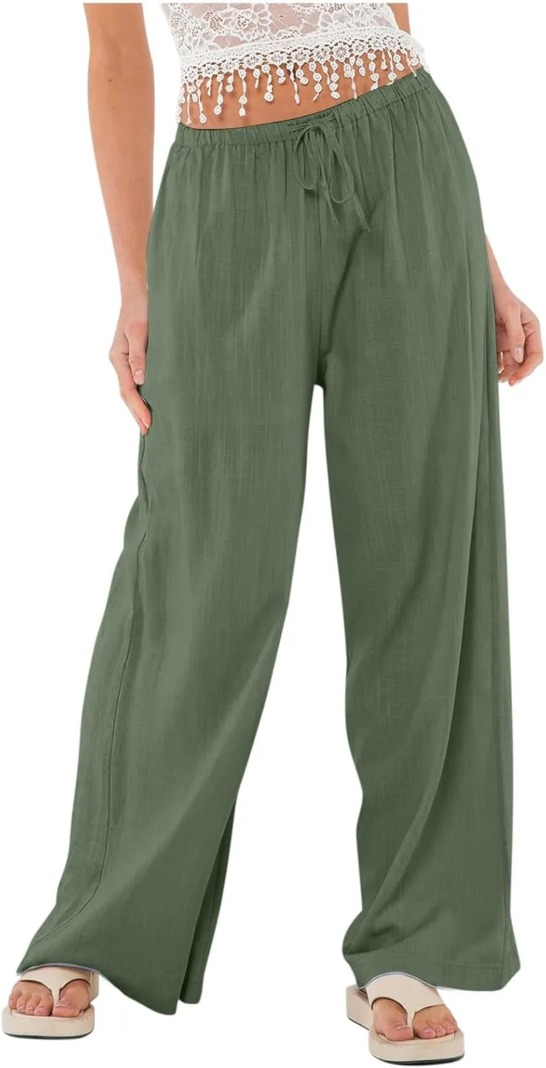 Linen Wide Leg Pants for Women Summer High Waisted Drawstring Palazzo Pants Casual Beach Pants Baggy Lounge Trousers