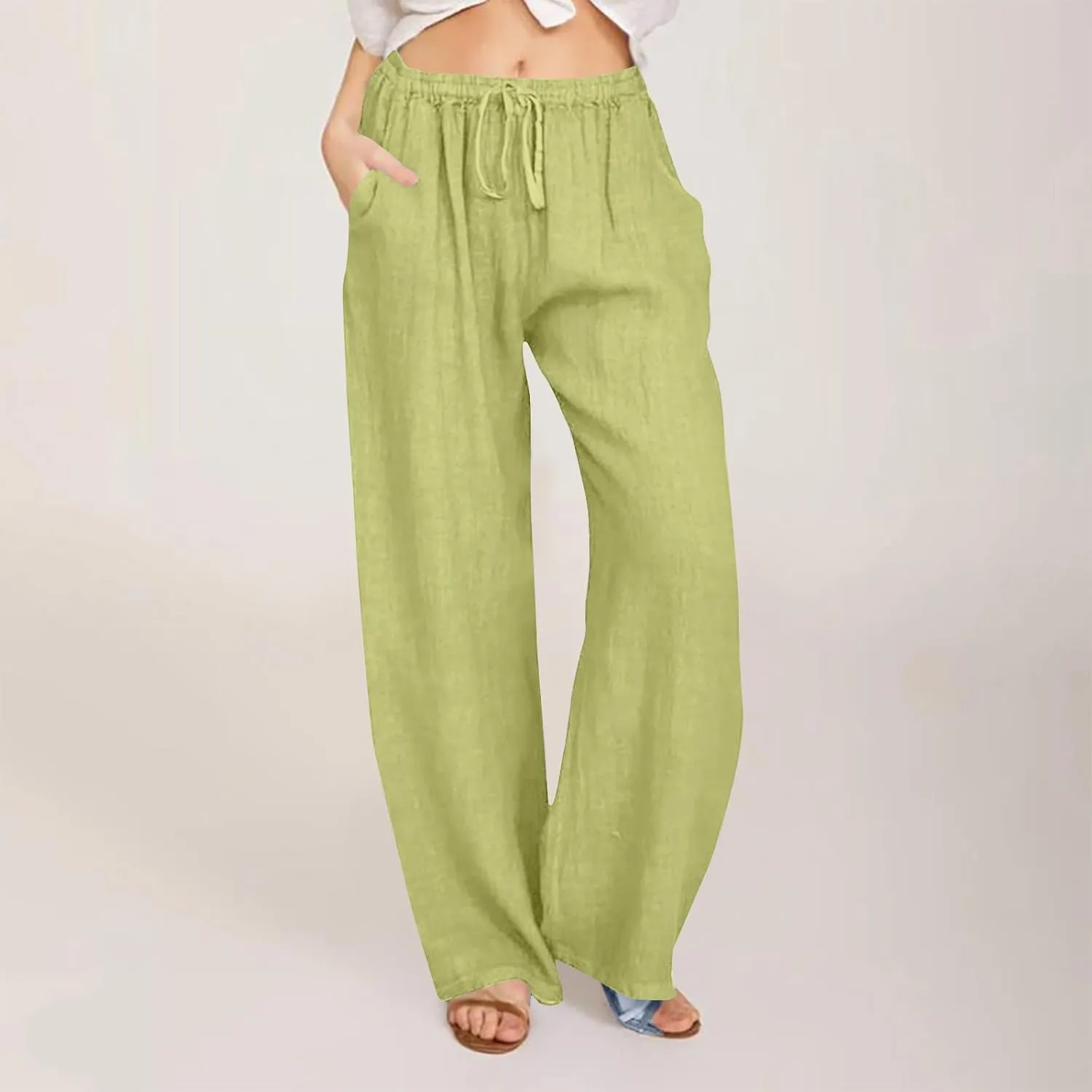 Lmdudan Women Cotton Linen Pants 2025 Summer Wide Leg Pants Casual Drawstring High Waist Palazzo Pants Trousers with Pockets