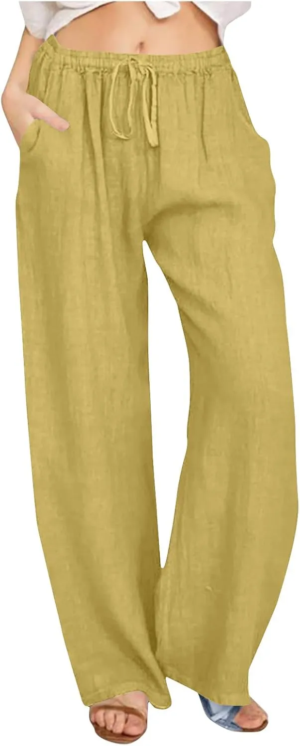 Lmdudan Women Cotton Linen Pants 2025 Summer Wide Leg Pants Casual Drawstring High Waist Palazzo Pants Trousers with Pockets