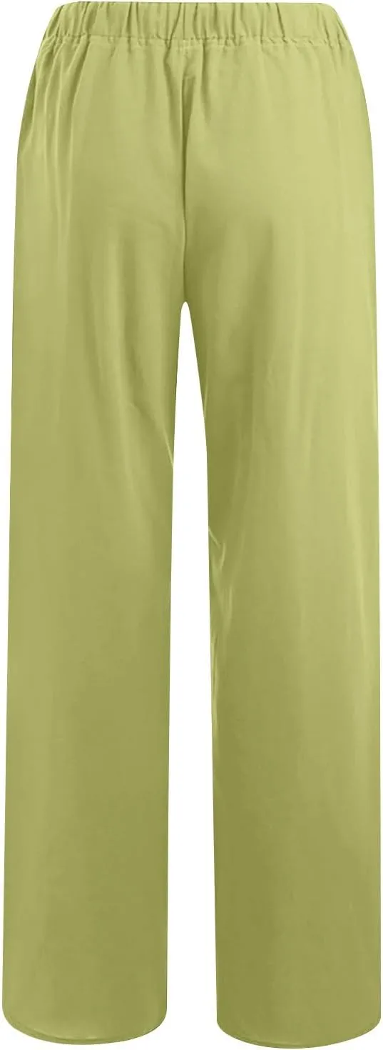 Lmdudan Women Cotton Linen Pants 2025 Summer Wide Leg Pants Casual Drawstring High Waist Palazzo Pants Trousers with Pockets