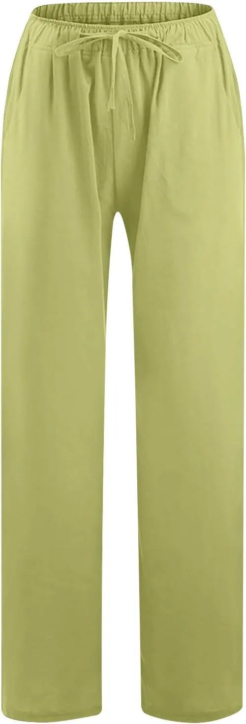 Lmdudan Women Cotton Linen Pants 2025 Summer Wide Leg Pants Casual Drawstring High Waist Palazzo Pants Trousers with Pockets