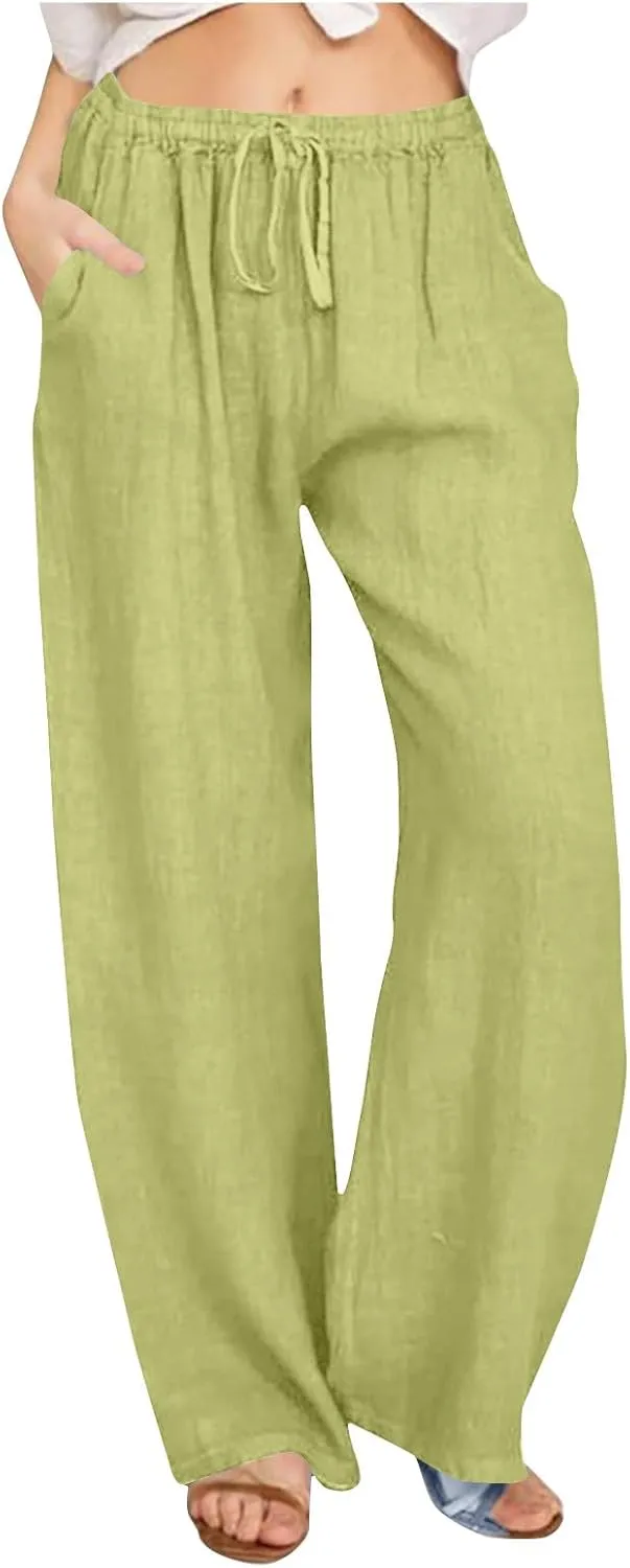 Lmdudan Women Cotton Linen Pants 2025 Summer Wide Leg Pants Casual Drawstring High Waist Palazzo Pants Trousers with Pockets