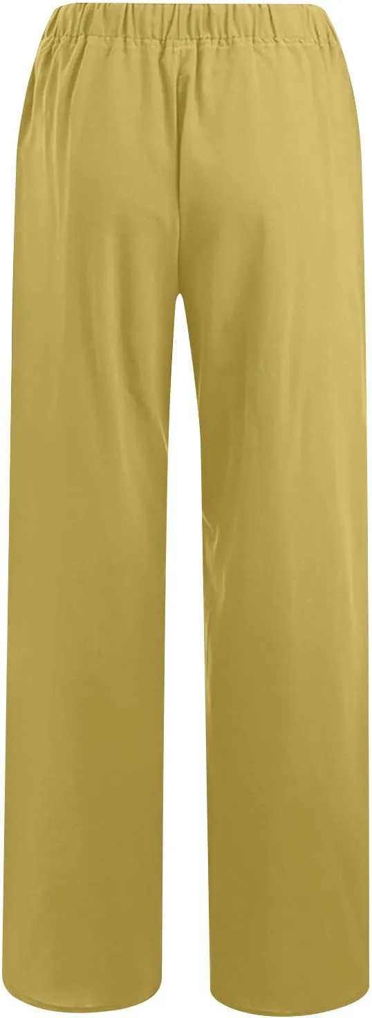Lmdudan Women Cotton Linen Pants 2025 Summer Wide Leg Pants Casual Drawstring High Waist Palazzo Pants Trousers with Pockets