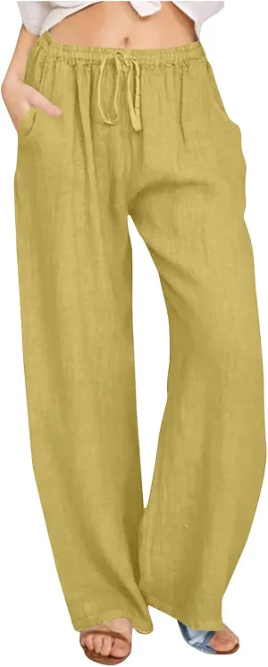 Lmdudan Women Cotton Linen Pants 2025 Summer Wide Leg Pants Casual Drawstring High Waist Palazzo Pants Trousers with Pockets
