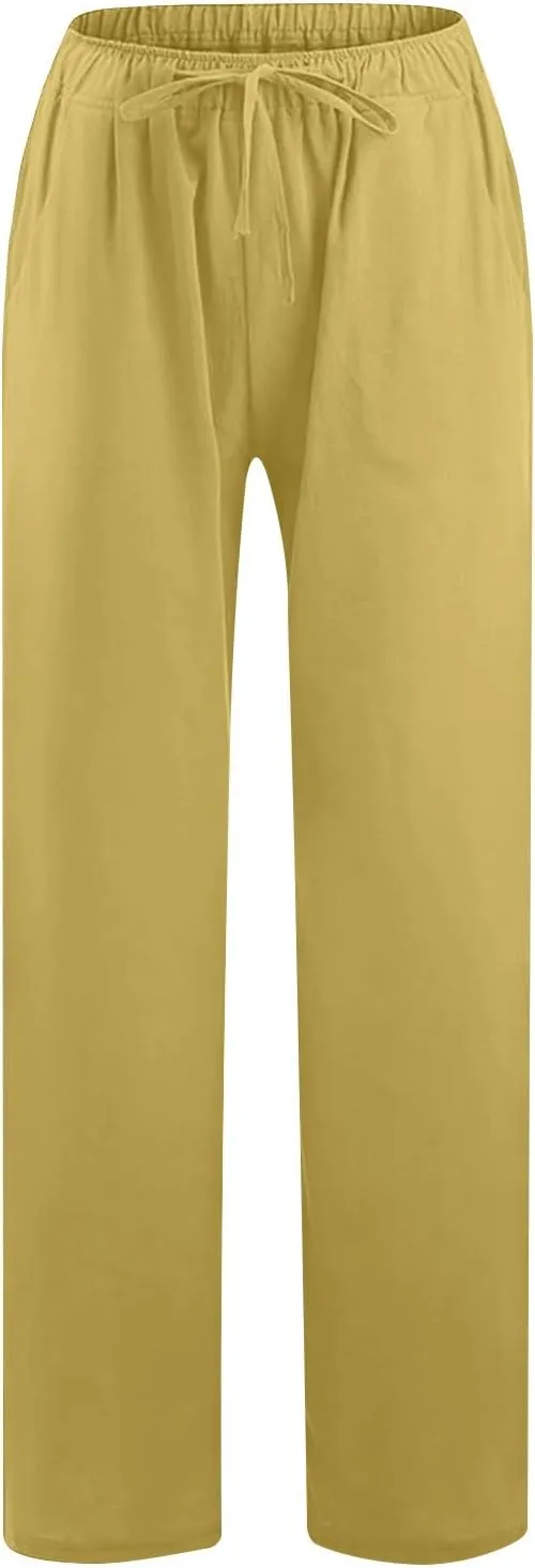 Lmdudan Women Cotton Linen Pants 2025 Summer Wide Leg Pants Casual Drawstring High Waist Palazzo Pants Trousers with Pockets