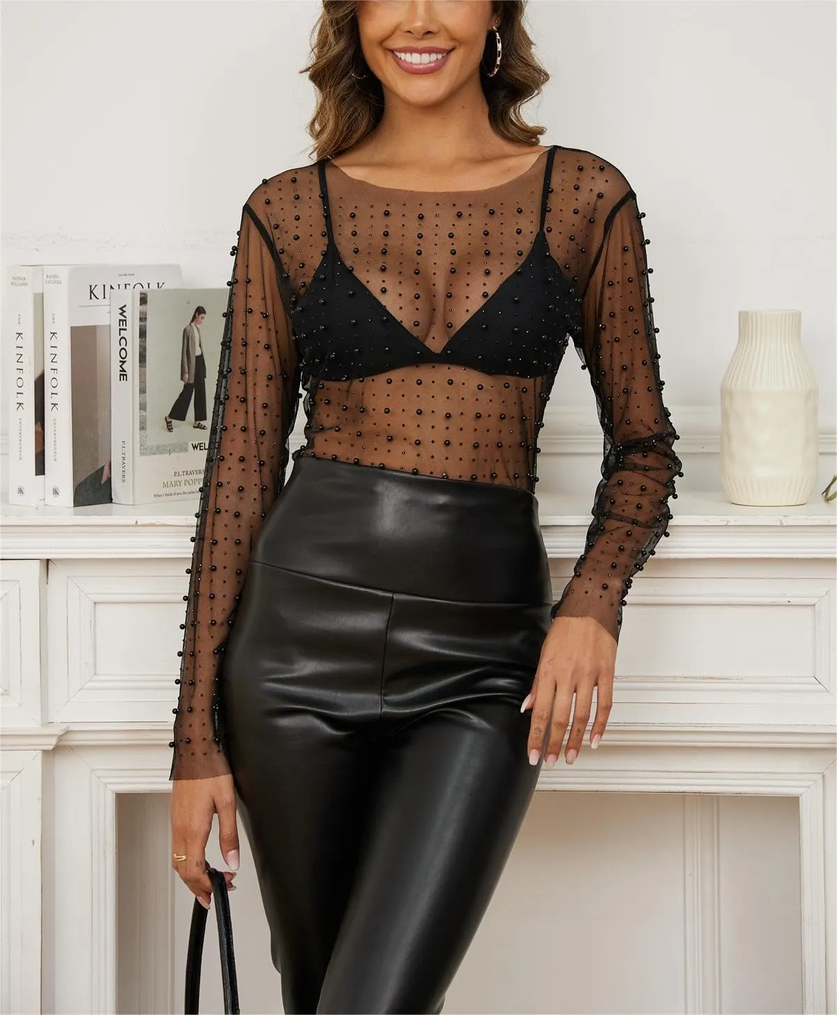 LOFAAC Women Sexy See Through Pearl Rhinestone Beaded Crop Top Y2K Long Sleeve Sheer Mesh Crop Blouse Shirt Clubwear 90s